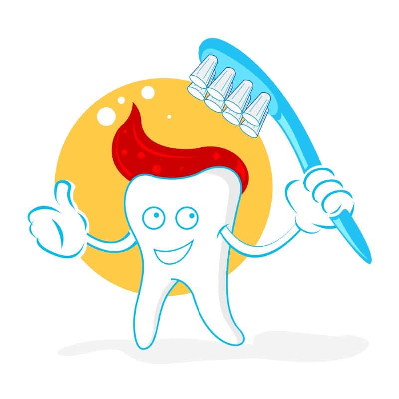 Smiling tooth giving a thumbs up and holding a toothbrush.